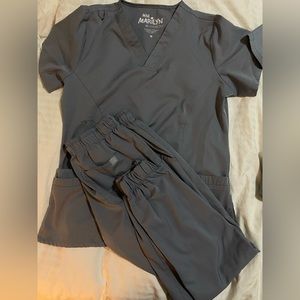 3 light gray scrub sets: 2 Cherokee and 1 Mini Marilyn set